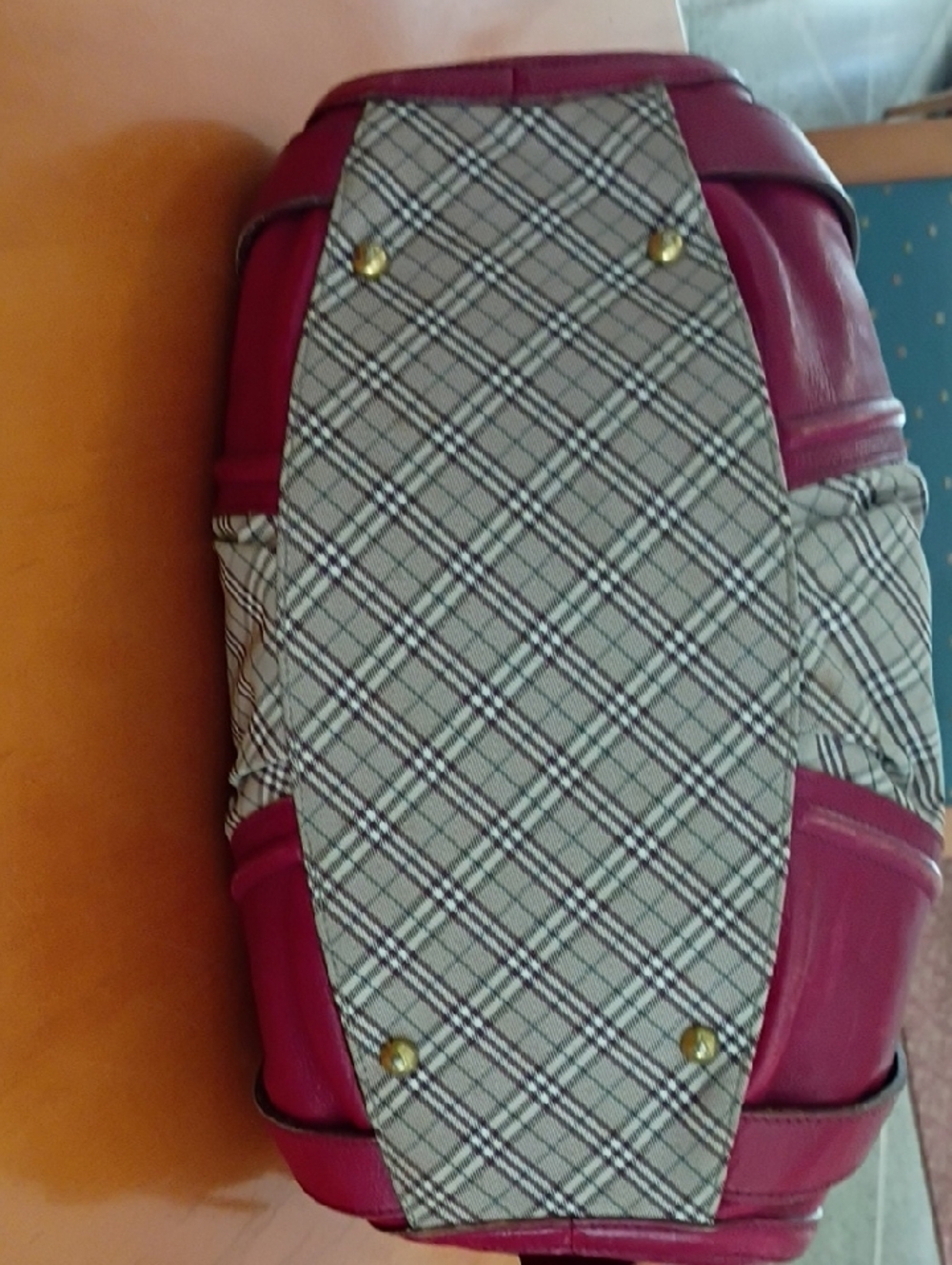 Burberry Blue Label  Beige Plaid Satchel with Red Leather Trim - Picture 6 of 12